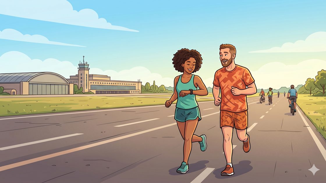Two running partners jogging side by side on Tempelhofer Feld in Berlin