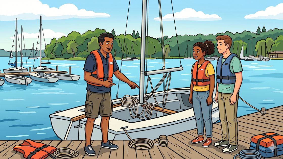 Sailing instructor teaching two beginners on a wooden pontoon at the Wannsee