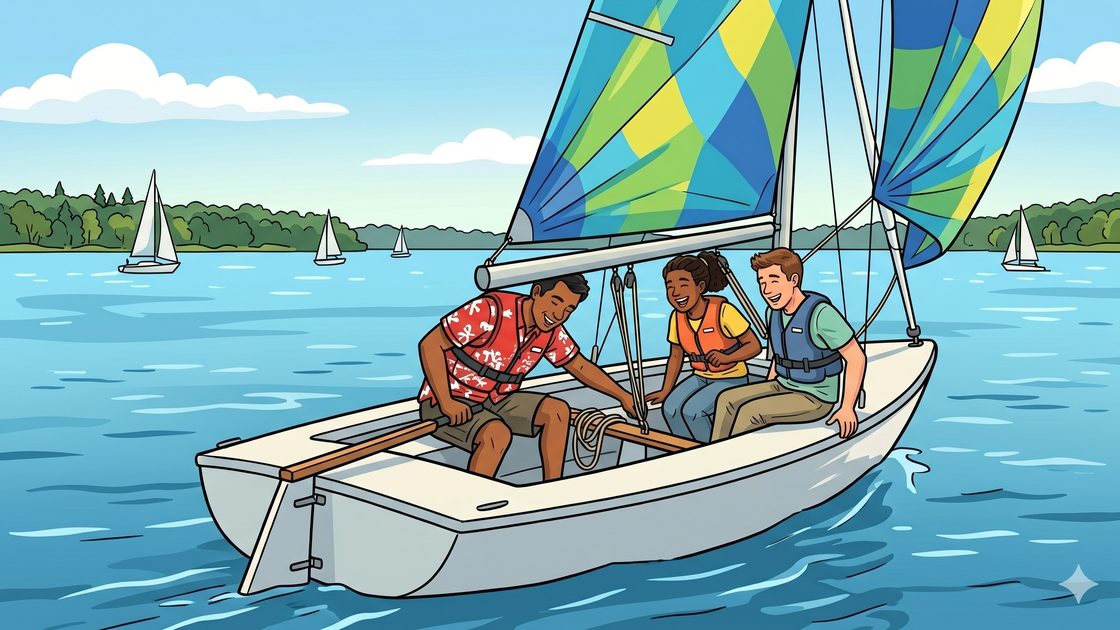 Two friends crewing a small sailing dinghy together on the open Müggelsee