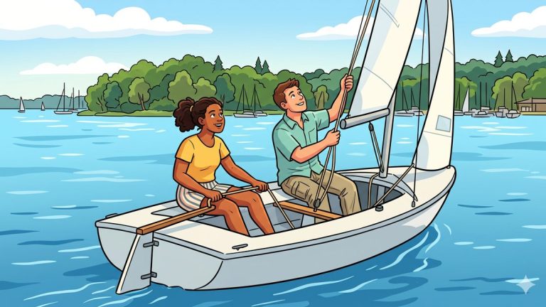 Young adults sailing a small white boat on the Wannsee in Berlin under a bright summer sky