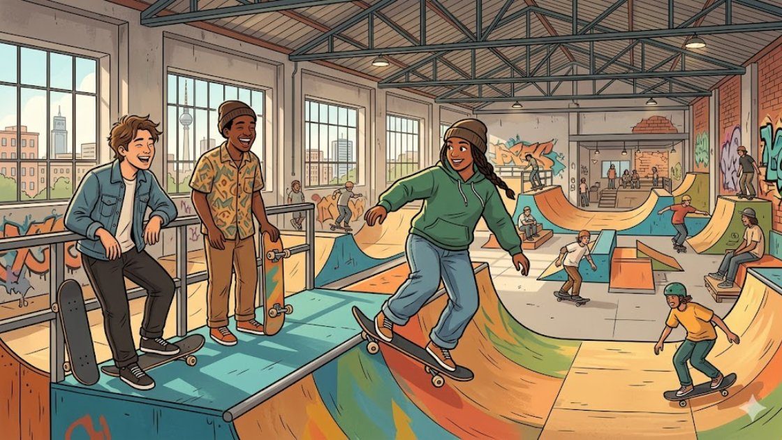 Friends skateboarding on colourful indoor ramps inside a Berlin skate hall
