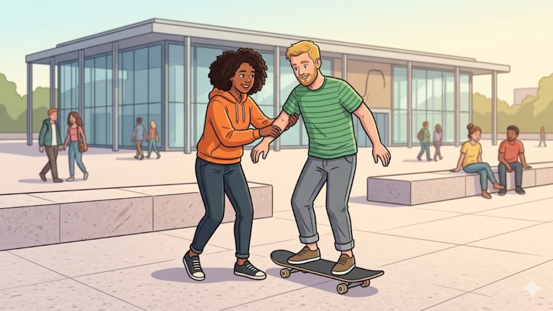 One skater helping a beginner balance on a board on a sunny Berlin plaza