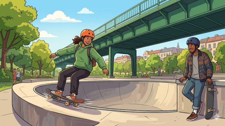 Young adults skateboarding in a concrete bowl under U-Bahn bridges at a Berlin park