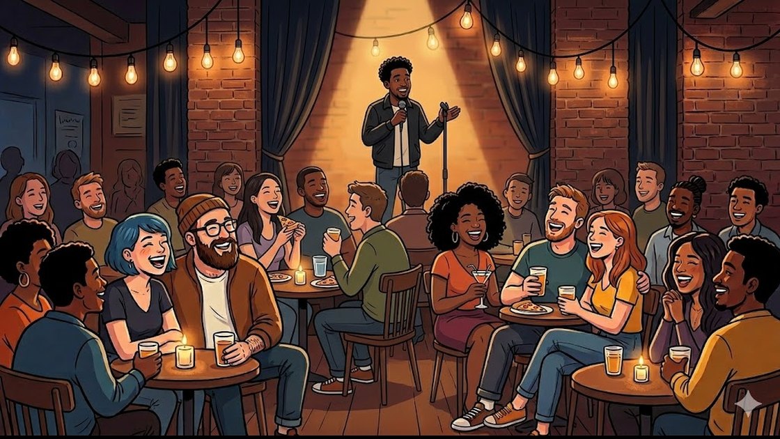 Diverse young audience laughing at an English-language comedy showcase in a cosy Berlin club