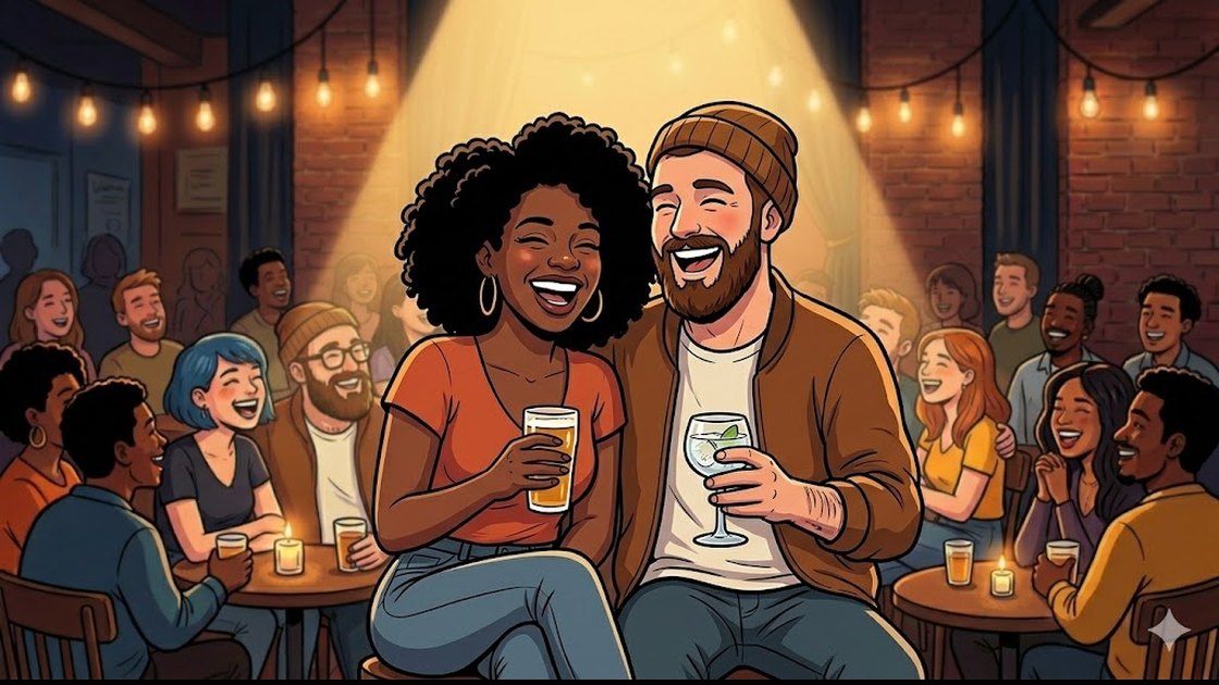 Two friends laughing together in a comedy-club audience on a night out in Berlin