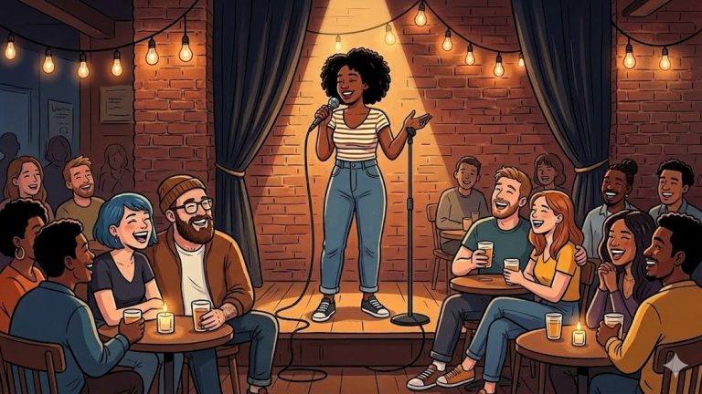 Comedian on a small club stage as a warm audience laughs at stand-up comedy in Berlin