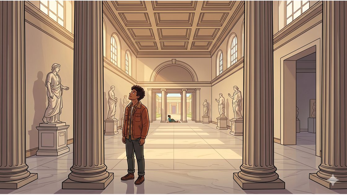 A young person alone admiring sculptures in a grand Berlin museum hall