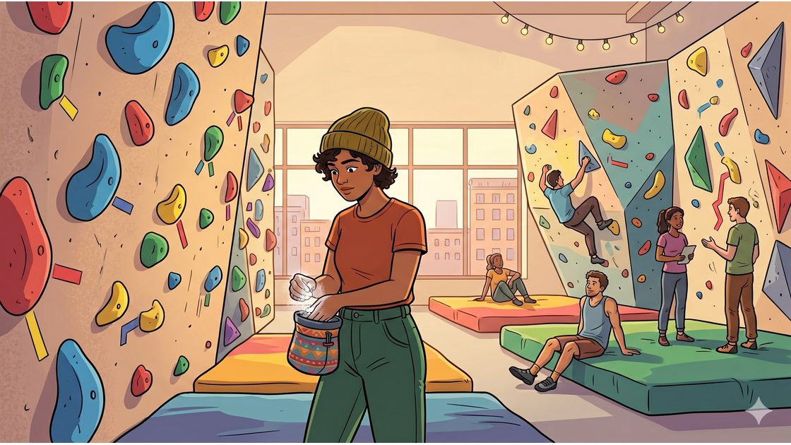 Person bouldering alone beside others on a colourful Berlin climbing wall