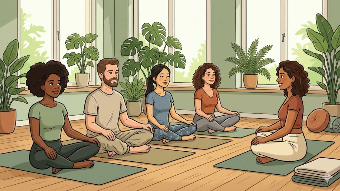 Beginners in a calm indoor Berlin yoga studio following the teacher on their mats