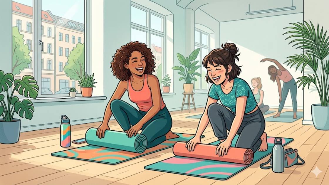 Two friends rolling out their mats and laughing together before a yoga class