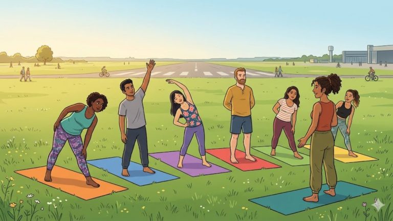 A group yoga class on mats outdoors in a Berlin park at sunrise