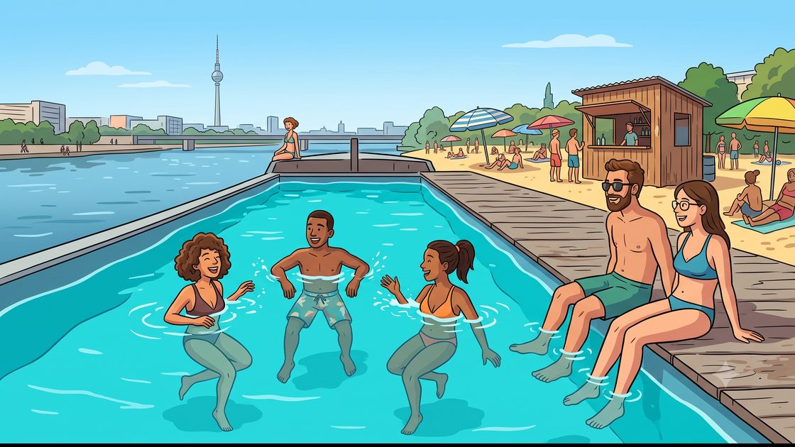Swimmers in a floating barge pool on the river with a sandy bar behind