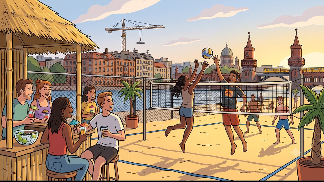 Beach volleyball players on sand courts with a drinks bar and city buildings behind