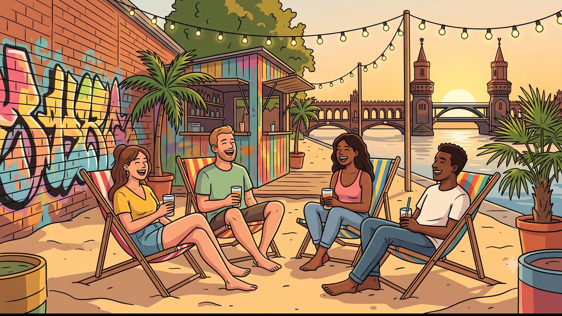 Friends with drinks on deckchairs at a sandy Spree riverside beach bar in Berlin