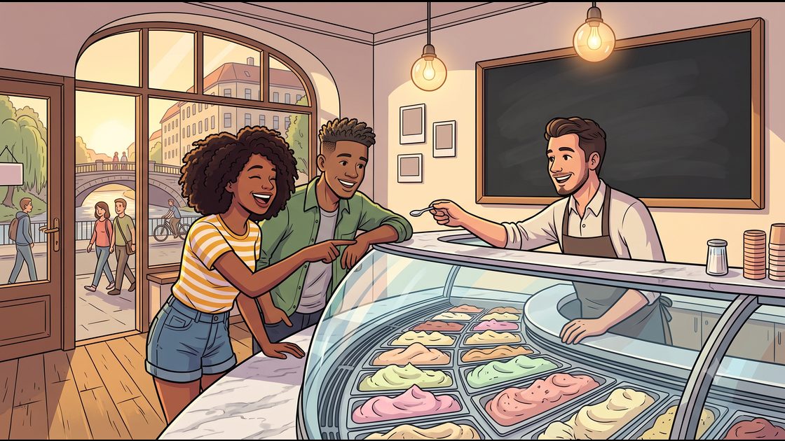 Two friends choosing flavours at a pastel ice cream counter display in Berlin