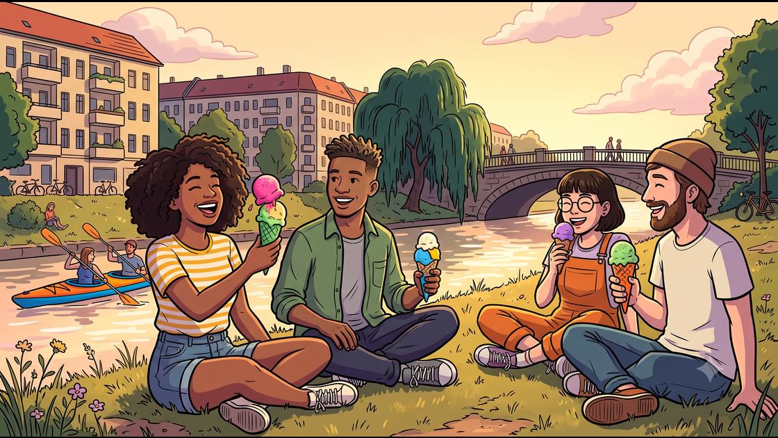 Friends eating waffle cones on the Landwehrkanal bank in Kreuzberg summer evening