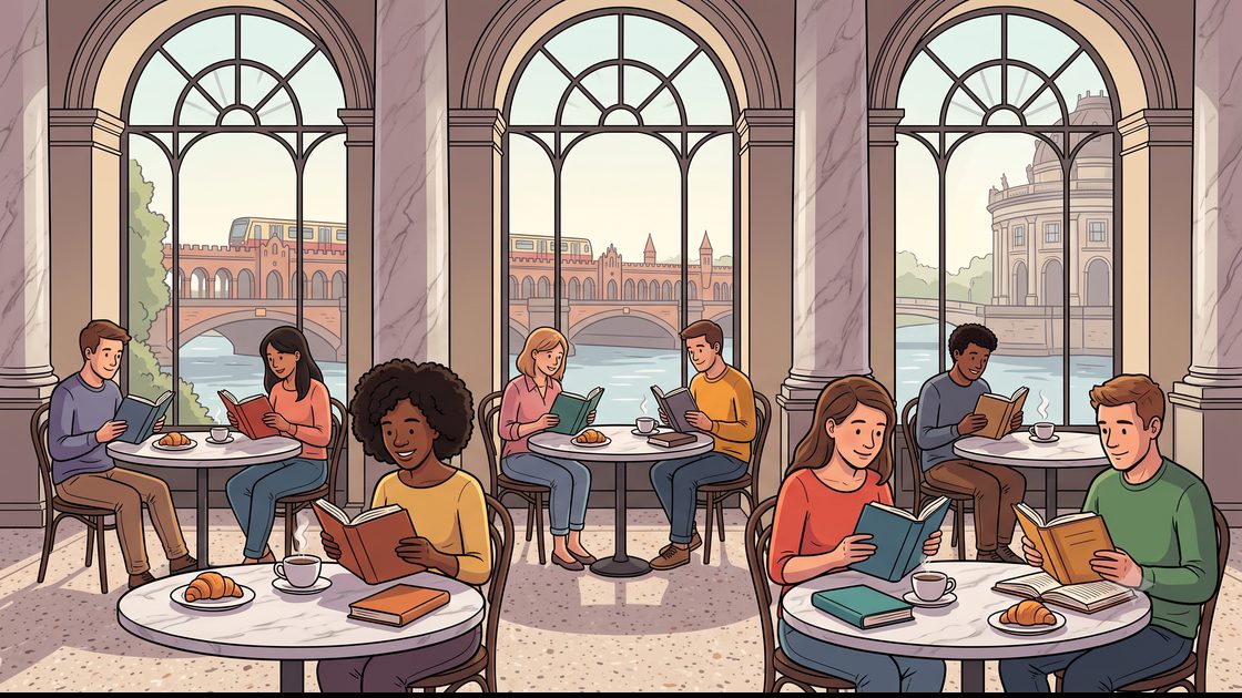 Readers sharing a quiet reading hour at a sunny Berlin museum café
