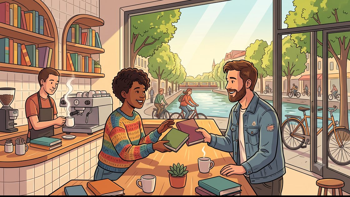 Two friends swapping paperbacks at a canal-side Berlin bookshop café counter