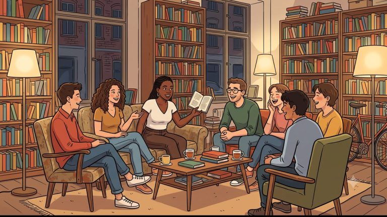 Book club in Berlin meeting between tall bookshop shelves in Kreuzberg