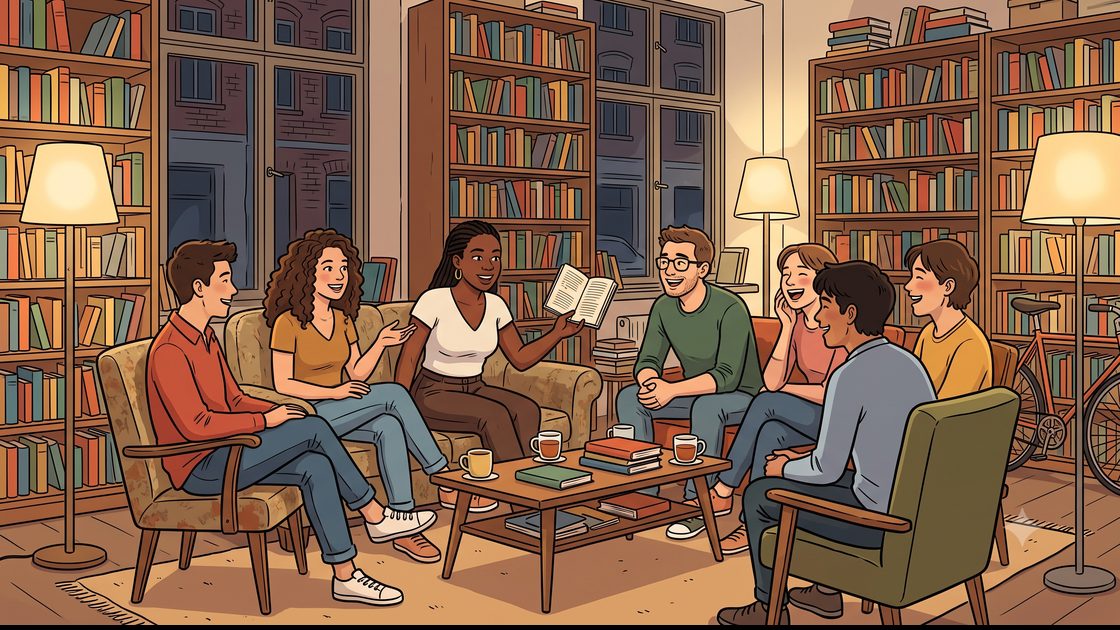Book club in Berlin meeting between tall bookshop shelves in Kreuzberg