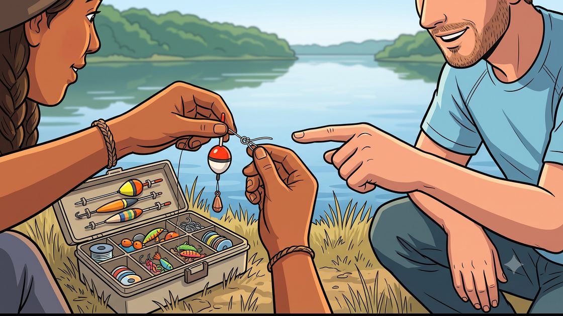 Hands rigging a float rod with a tackle box open on a riverbank
