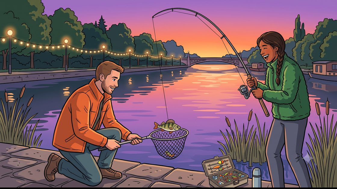 Two anglers landing a perch together at dusk on a Berlin canal bank