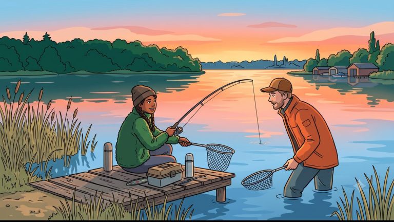 Two friends fishing at sunrise on a Müggelsee jetty in Berlin