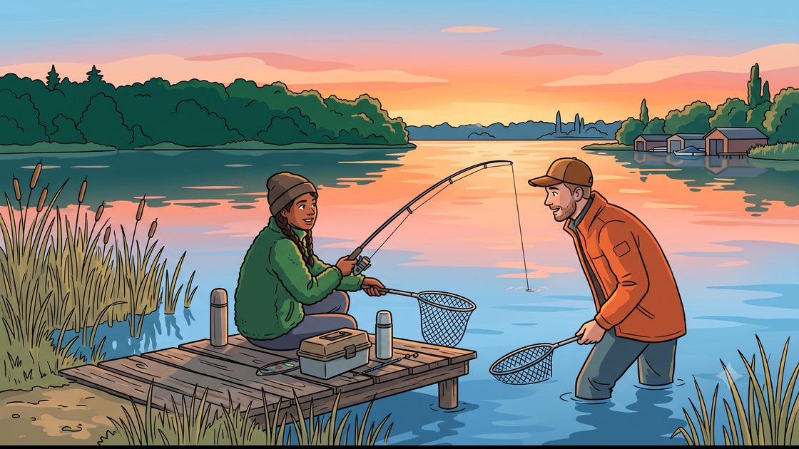 Two friends fishing at sunrise on a Müggelsee jetty in Berlin