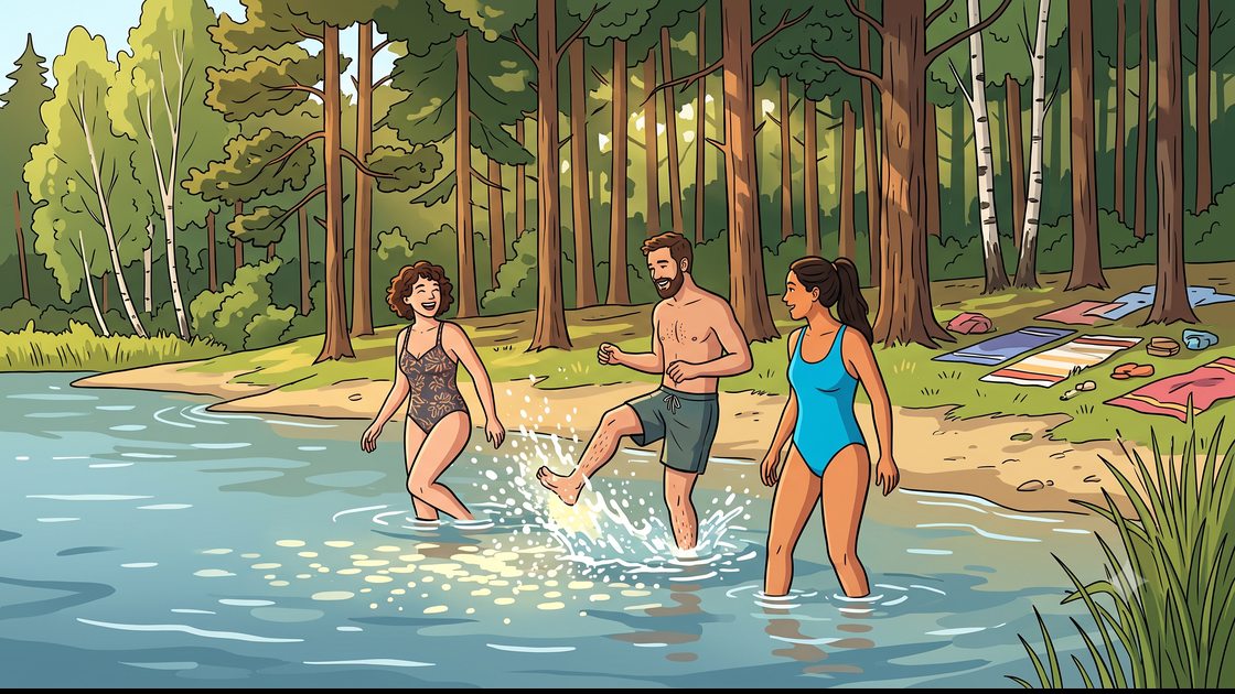 Friends wading into Krumme Lanke, one of Berlin's free forest lake bathing spots