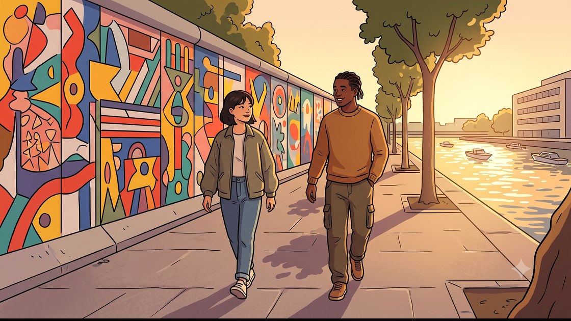 Two friends walking past colourful mural art along Berlin's free East Side Gallery