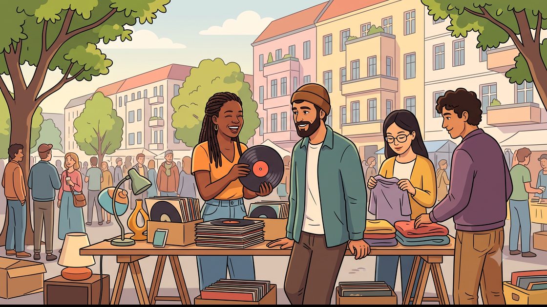 Friends browsing a free Sunday flea market stall in Berlin, no tickets needed