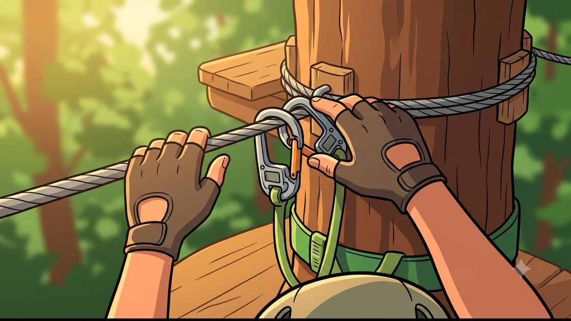 Hands clipping two smart safety carabiners onto a steel cable on a platform
