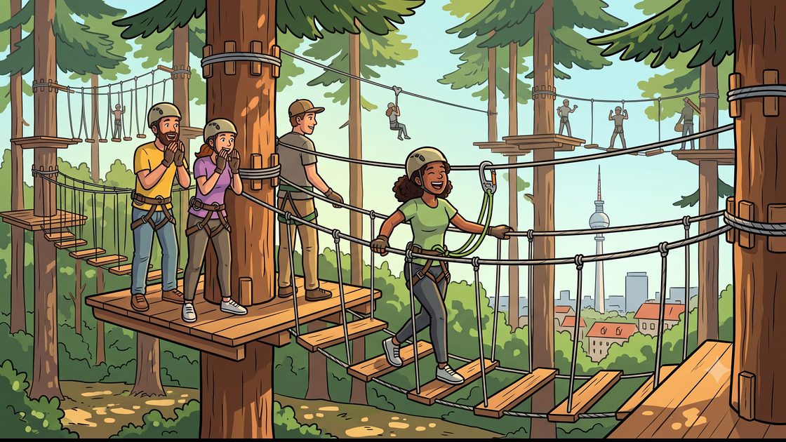 Friends crossing a rope bridge between tall pines in a Berlin climbing forest