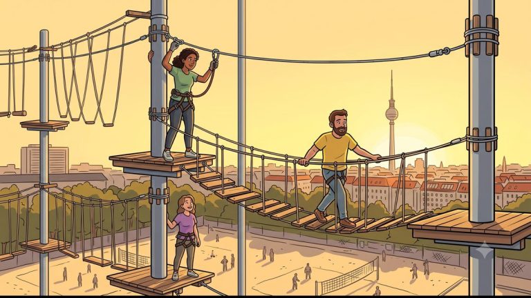 Climbers on a high ropes course in Berlin above the BeachMitte sand