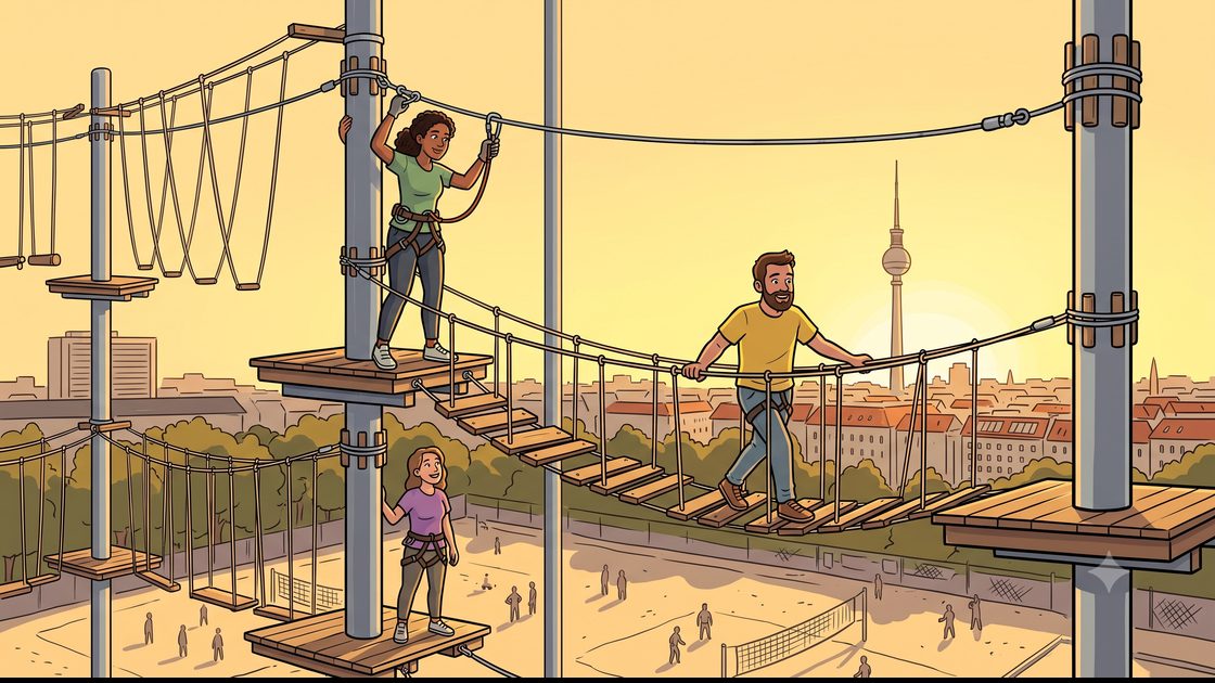 Climbers on a high ropes course in Berlin above the BeachMitte sand