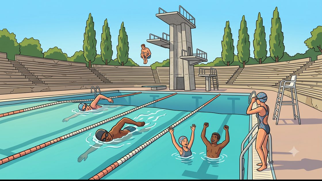 Friends at the diving platforms of a historic Berlin summer pool