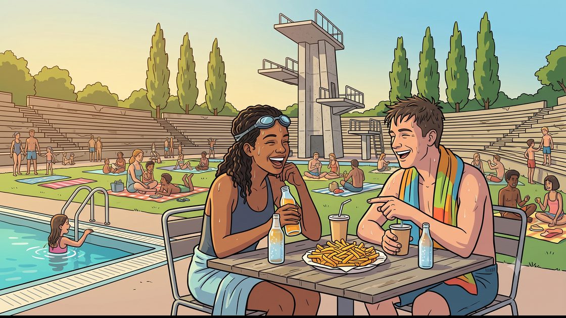 Two friends with towels and drinks at a Berlin pool kiosk