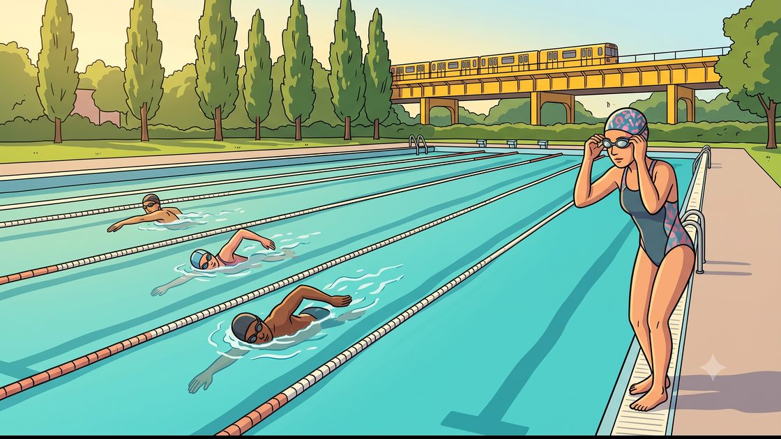 Early morning lane swimmers in a 50-metre outdoor pool in Kreuzberg Berlin