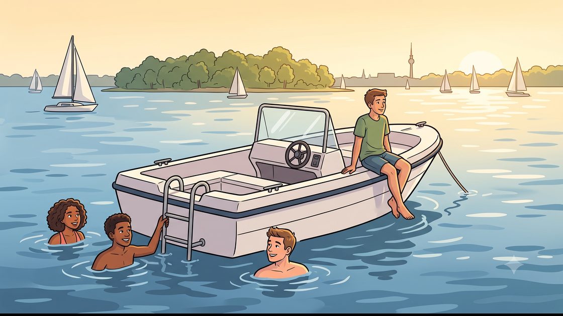 Group swimming off an anchored rental boat in a Wannsee bay