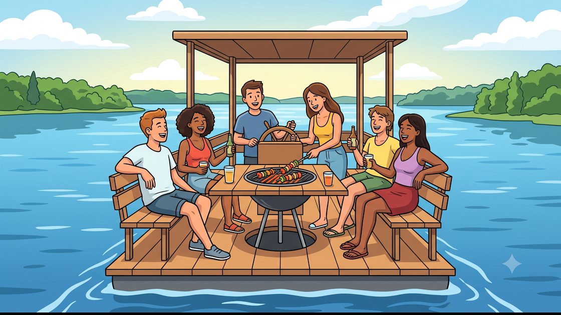 Friends grilling and steering a raft on Tegeler See in Berlin