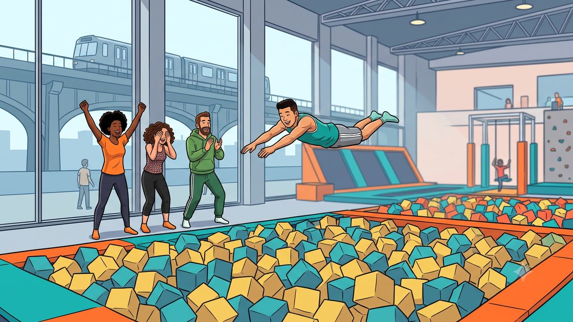 Young man diving into a foam pit while friends cheer