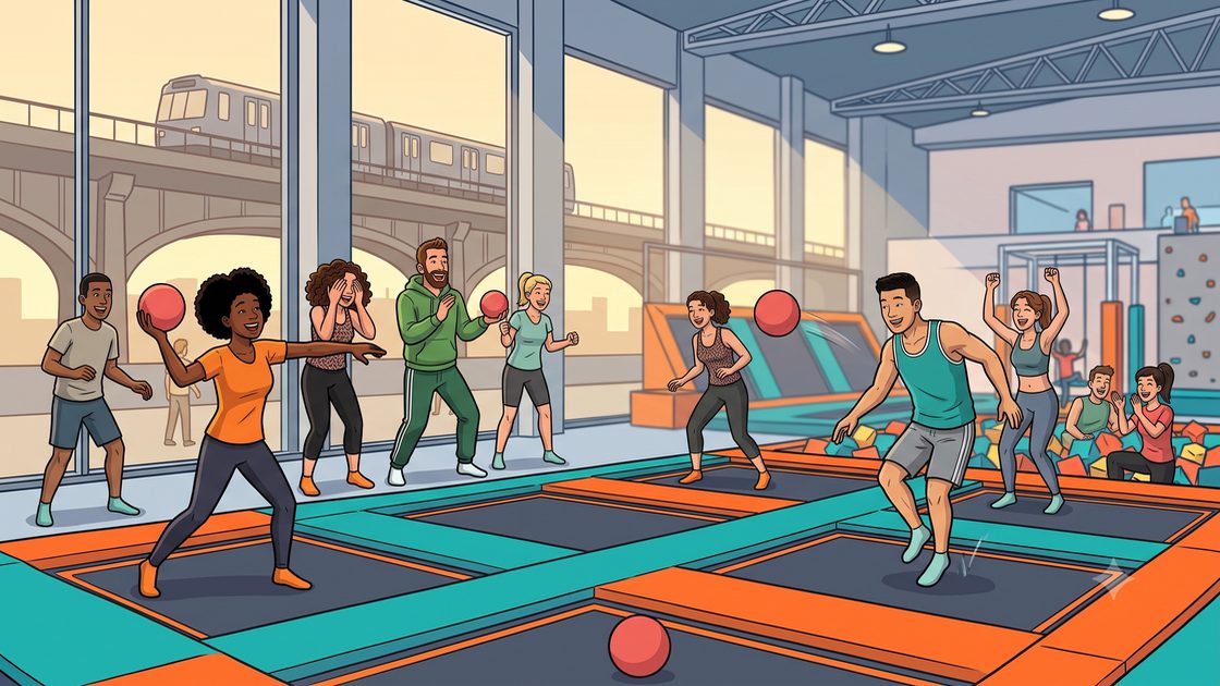 Trampoline dodgeball game between two teams in an indoor hall