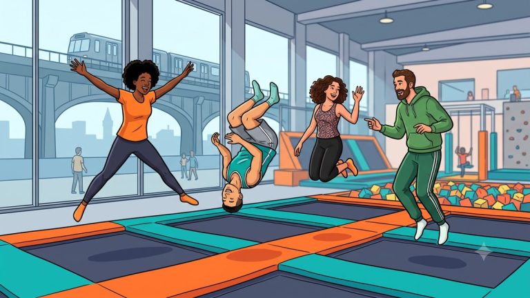 Friends jumping together on trampolines at a Berlin trampoline park