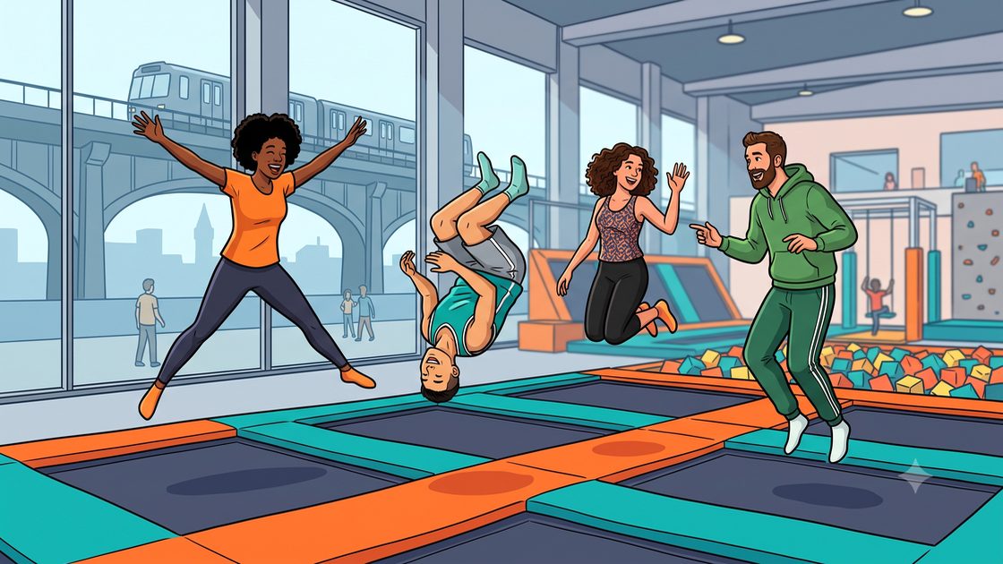 Friends jumping together on trampolines at a Berlin trampoline park
