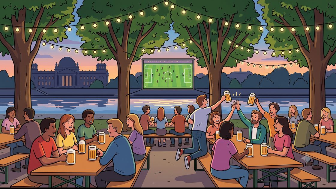 Fans watching a match screen among chestnut trees in a Spree-side beer garden