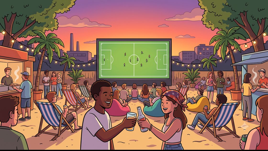 Friends on deckchairs at a sandy Berlin beach bar watching an evening match