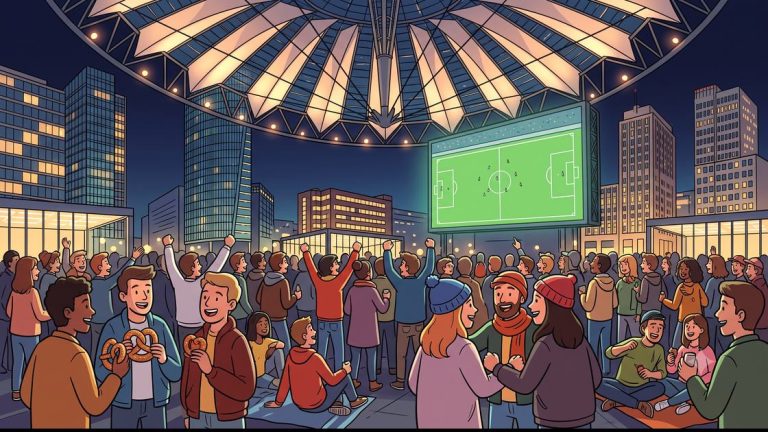 Public viewing in Berlin: fans watching a giant screen under the Potsdamer Platz roof