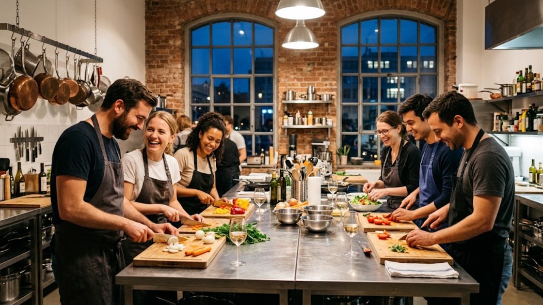 Cooking classes in Berlin: six adults chopping vegetables around a steel island in a brick-walled evening cooking class