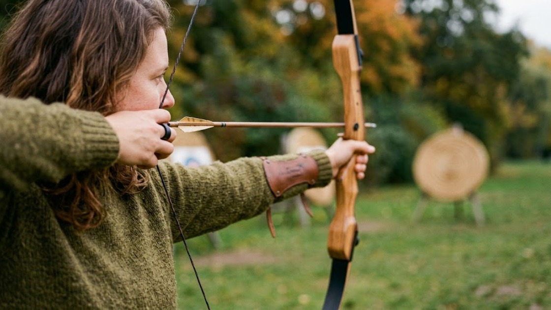 A person drawing a wooden recurve bow towards a straw-bale target on a grass range in autumn