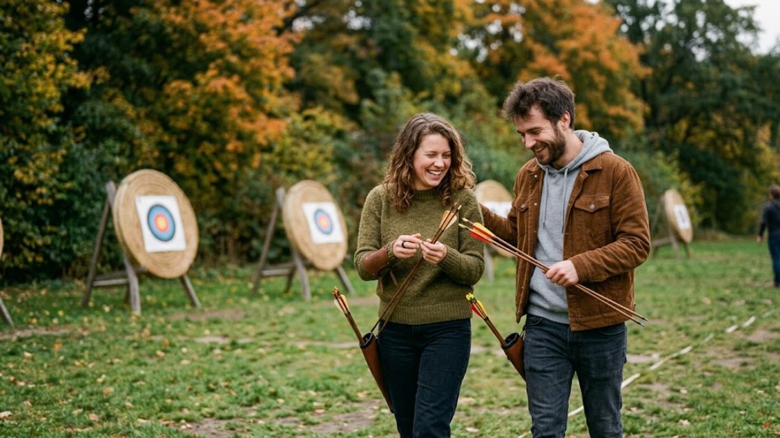 Two friends laughing and comparing arrows as they walk back from the targets on a park archery range